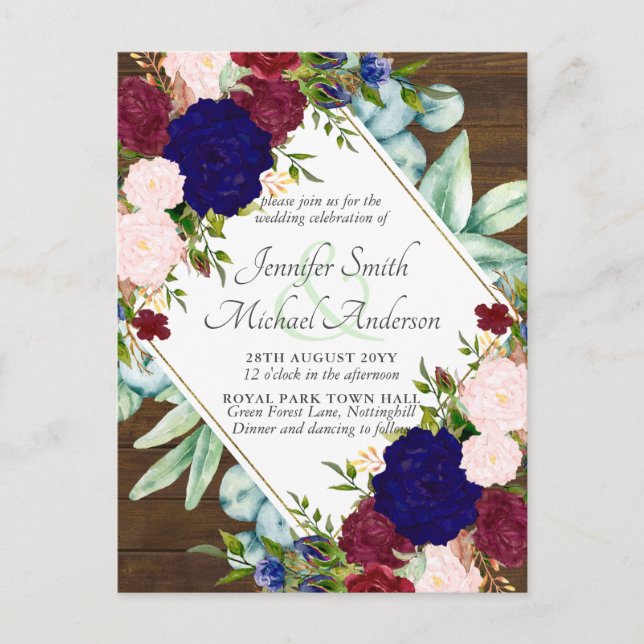 Invitación a la boda con la floral rosa azul borgo (Anverso)