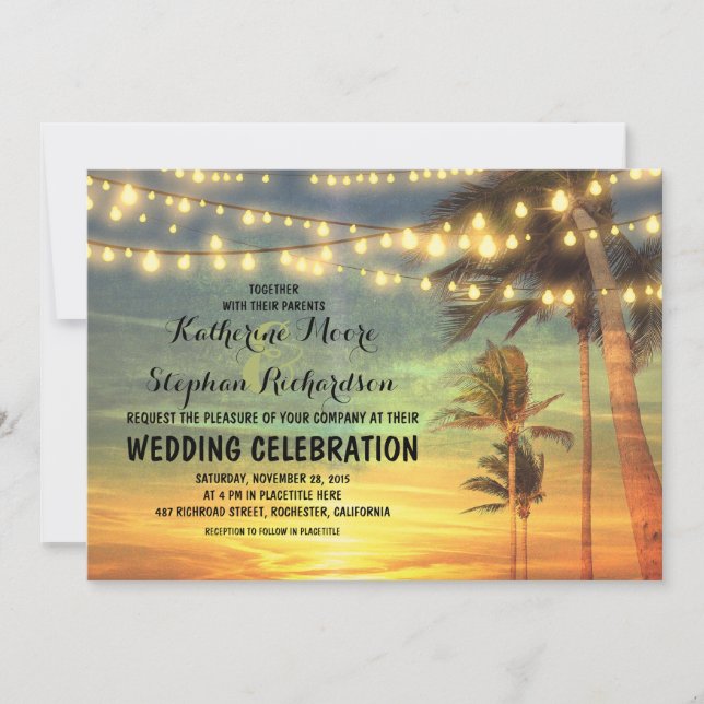 invitación a la boda con luces de cadena y puesta  (Anverso)