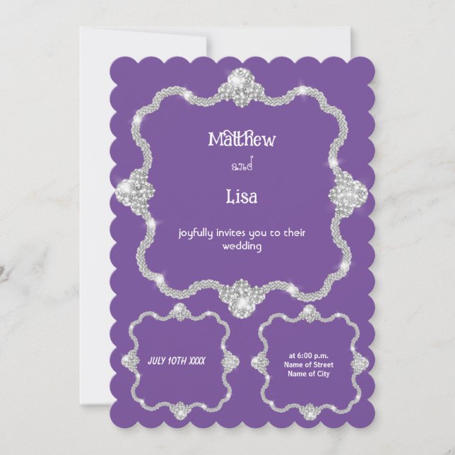 Invitación a la boda con marco de diamante platead (Anverso)