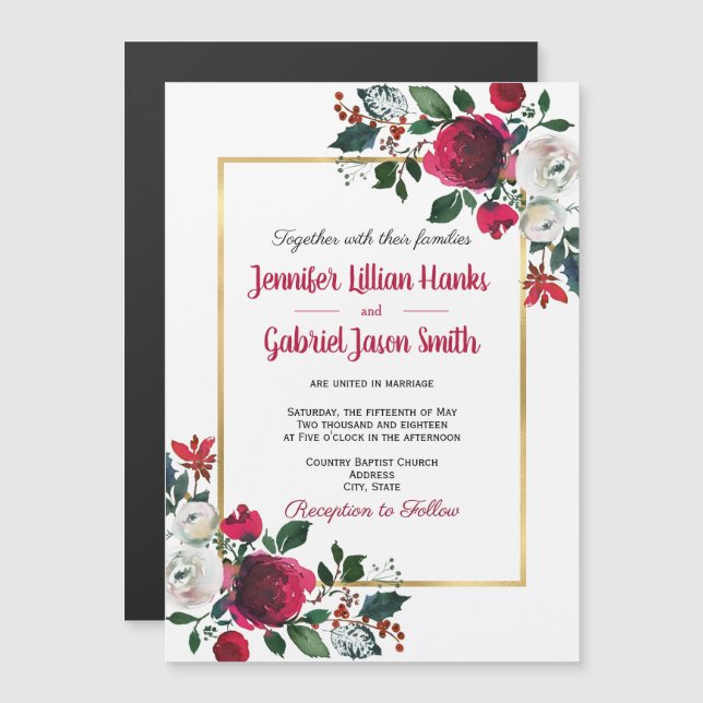 Invitación a la boda con marco de oro floral rosa  (Anverso/Reverso)