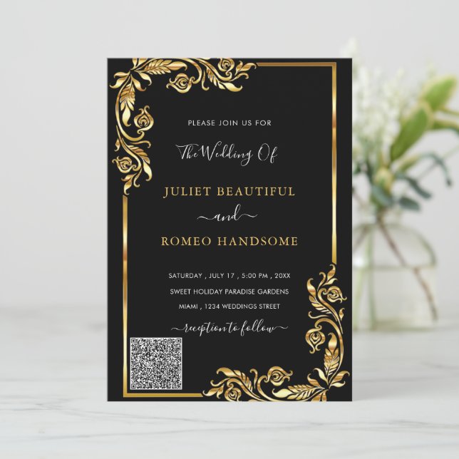 Invitación a la boda con marco de oro negro con có (Anverso de pie)