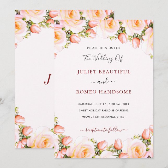 Invitación a la boda con marco de rosas blancas (Anverso / Reverso)