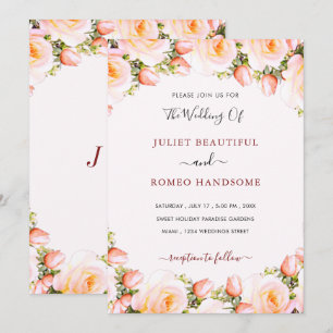 Invitación a la boda con marco de rosas blancas