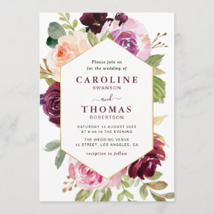 Invitación a la boda con marco dorado de ciruela y