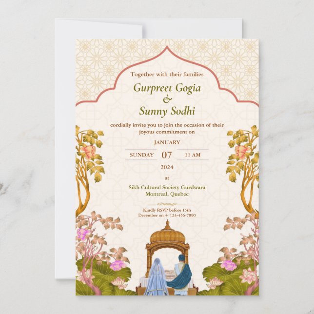 Invitación a la boda con marfil floral punjabí sij (Anverso)