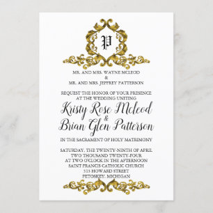 Invitación a la boda con monograma de oro