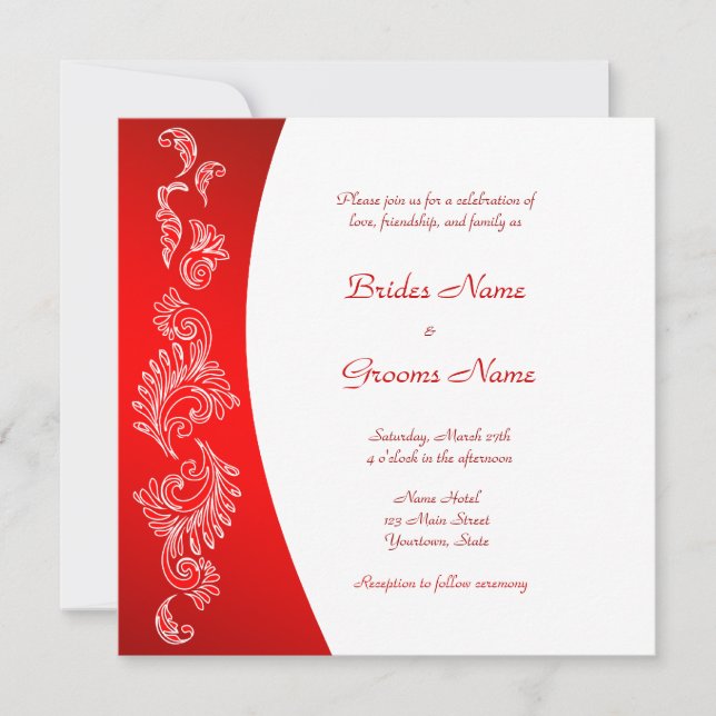 Invitación a la boda con motivo rojo y blanco (Anverso)