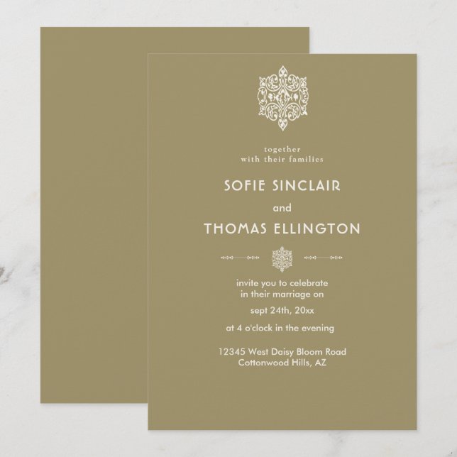 Invitación a la boda con ornamentos de Beige (Anverso / Reverso)