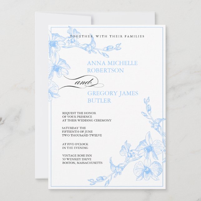 Invitación a la boda con orquídeas azules (Anverso)