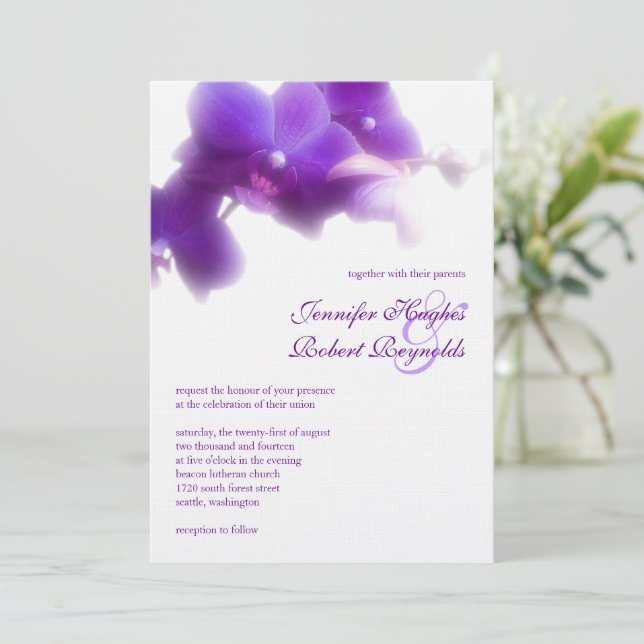 Invitación a la boda con orquídeas púrpura (Anverso de pie)
