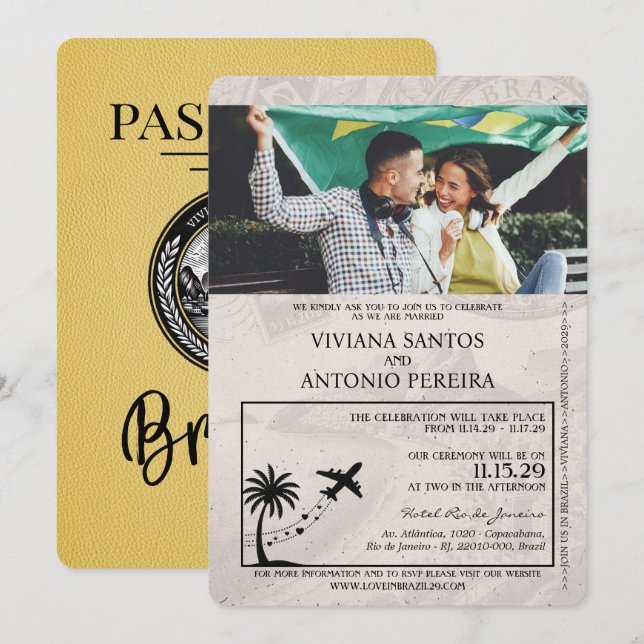 Invitación a la boda con pasaporte de Brasil amari (Anverso / Reverso)