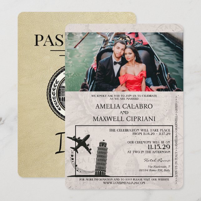 Invitación a la boda con pasaporte de Italia de Ch (Anverso / Reverso)