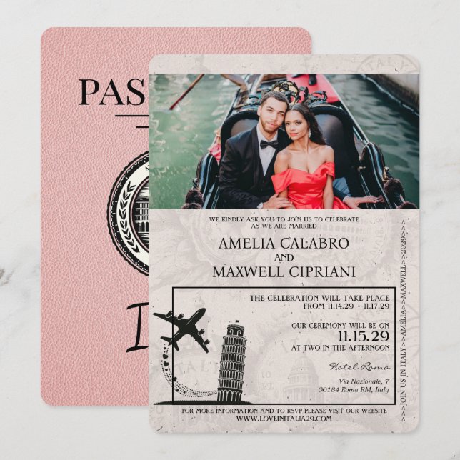Invitación a la boda con pasaporte de Italia rosa (Anverso / Reverso)