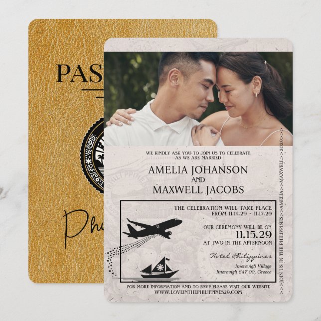 Invitación a la boda con pasaporte filipino de oro (Anverso / Reverso)