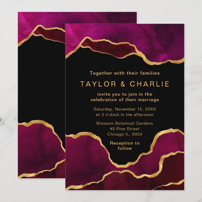 Invitación a la boda con pintura en rosa y oro (Anverso / Reverso)
