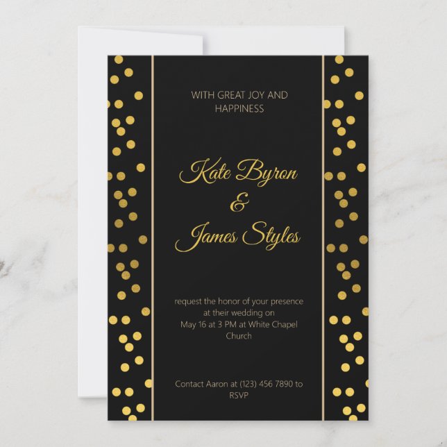 Invitación a la boda con puntos negro y dorado (Anverso)