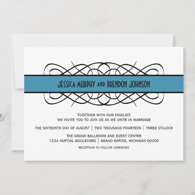 Invitación a la boda con sabor a deco azul (Anverso)