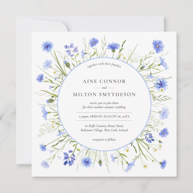 Invitación a la boda con tema de flor salvaje azul (Anverso)