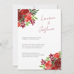 Invitación a la boda con tema floral rojo negrita 