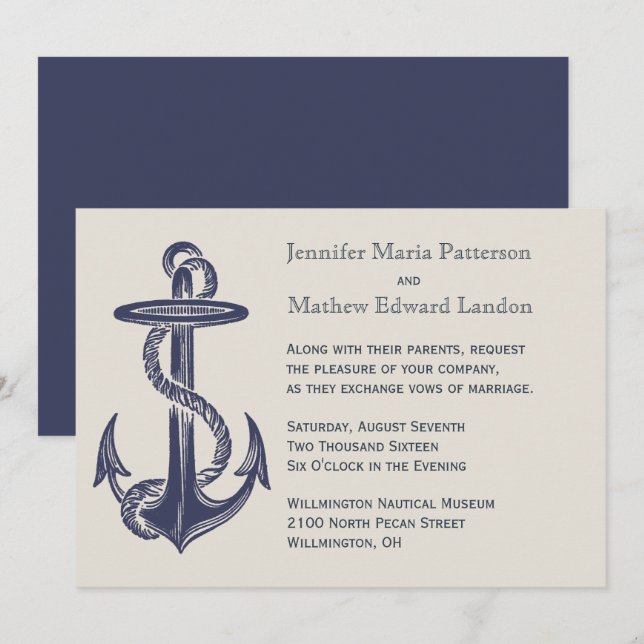 Invitación a la boda con temas de marfil y azul (Anverso / Reverso)