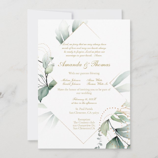 Invitación a la boda con temática verde (Anverso)