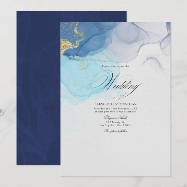 Invitación a la boda con tinta de alcohol azul y d (Anverso / Reverso)