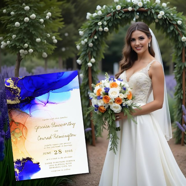 Invitación a la boda con tinta de alcohol de oro a (Blue Gold Alcohol Ink Wedding Invitation. Model is AI Gen. )