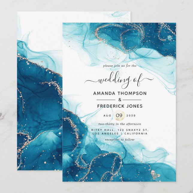 Invitación a la boda con tinta de alcohol turquesa (Anverso / Reverso)