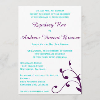 Invitación a la boda con turquesa y púrpura