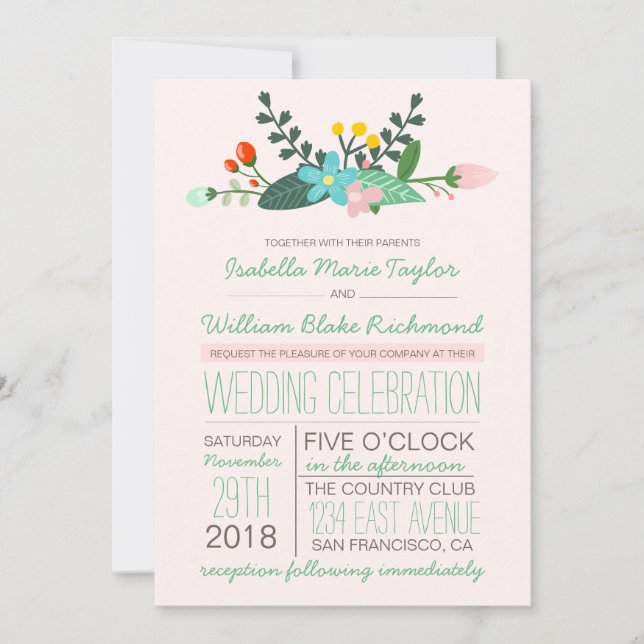 Invitación a la boda con un Bouquet floral verde a (Anverso)