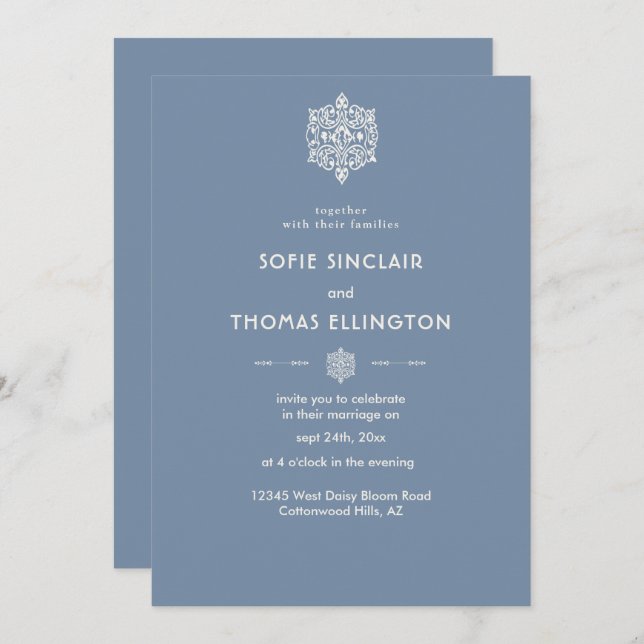 Invitación a la boda con un ornamento azul (Anverso / Reverso)