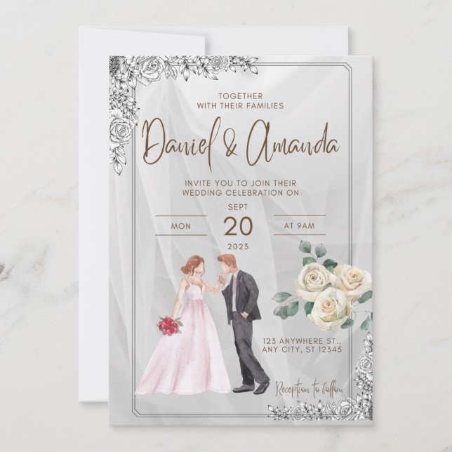 invitación a la boda con un par de gráficos y rosa (Anverso)