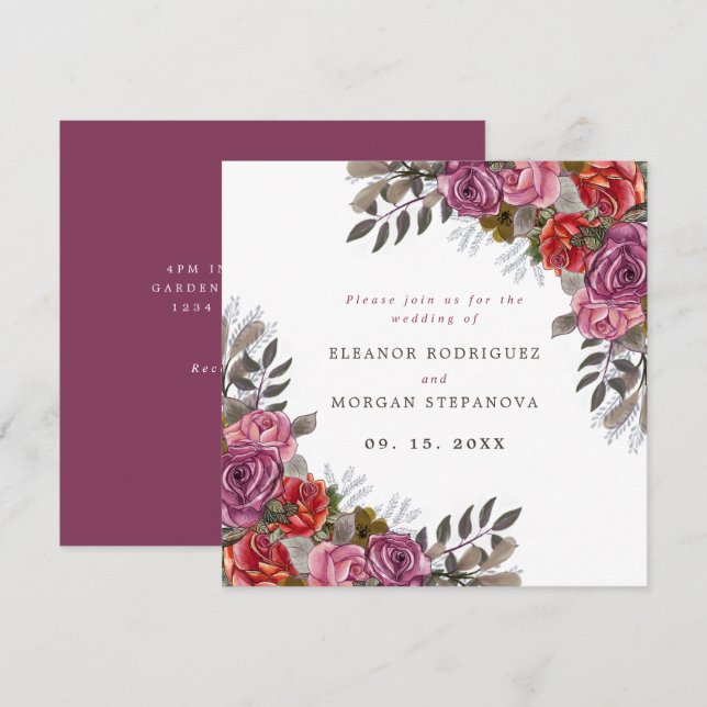 Invitación a la boda con un ramo rosado morado (Anverso / Reverso)