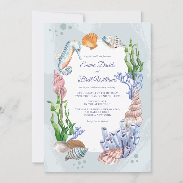 Invitación a la boda con vida marina (Anverso)