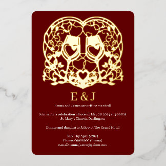 Invitación a la boda, copas de vino, corazones