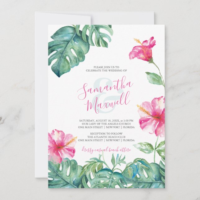 Invitación a la boda corta Floral acuarela tropica (Anverso)
