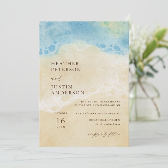 Invitación a la boda costera azul en la playa de V (Anverso de pie)