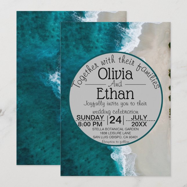 Invitación a la boda costera de olas azules de la  (Anverso / Reverso)