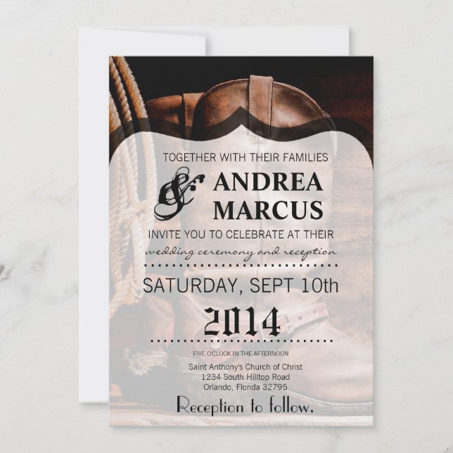 Invitación a la boda Cowboy Boots Barn Wood Rust (Anverso)