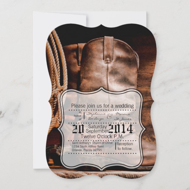 Invitación a la boda Cowboy Boots Barn Wood Rust (Anverso)