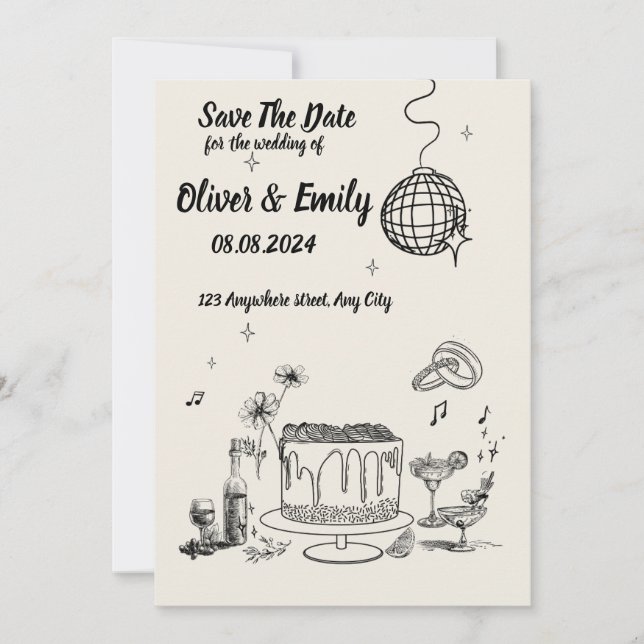 Invitación a la boda creativa en blanco y negro (Anverso)