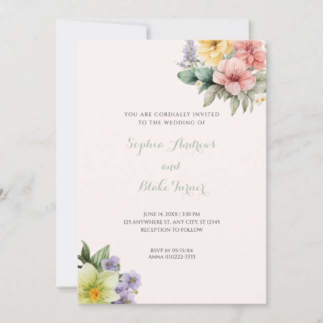 Invitación a la boda crema moderna y flores pastel (Anverso)