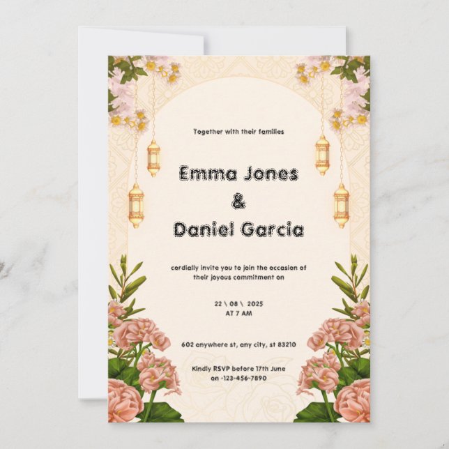 Invitación a la boda crema y rosada beige (Anverso)