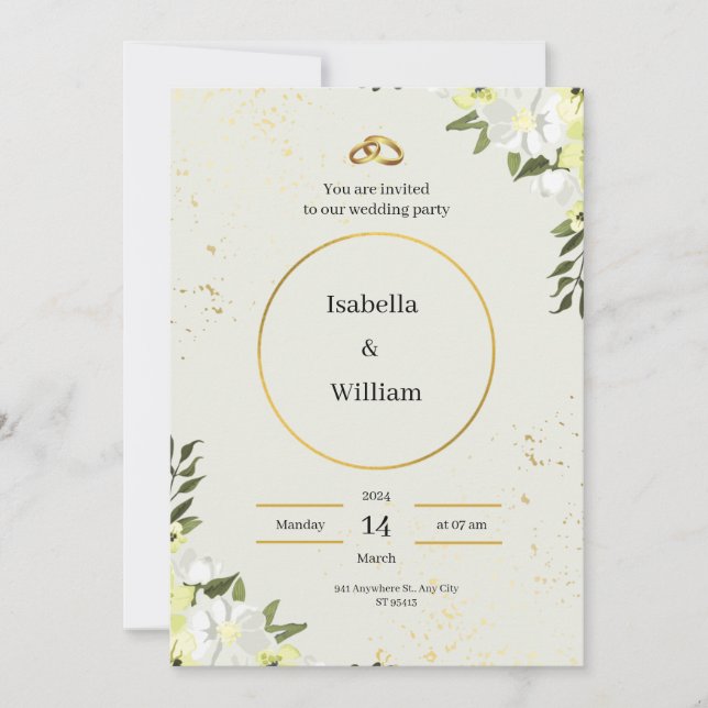 Invitación a la boda crema y verde (Anverso)