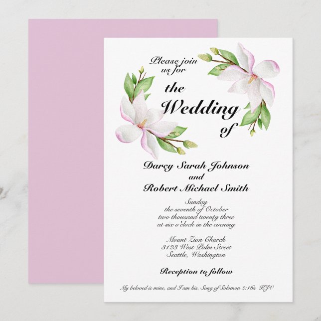 Invitación a la boda cristiana acuarela Magnolias (Anverso / Reverso)