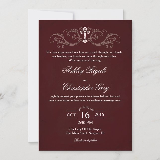 Invitación a la boda cristiana - Borgoña y gris (Anverso)