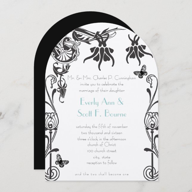 Invitación a la boda cristiana de flores Art Deco (Anverso / Reverso)