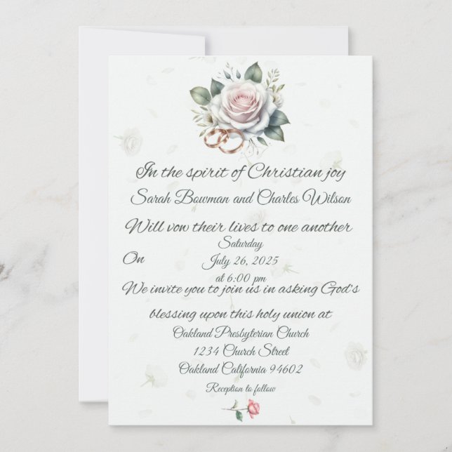 Invitación a la boda cristiana de rosas y anillos (Anverso)