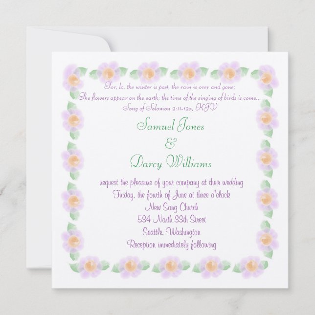 Invitación a la boda cristiana - Flores moradas (Anverso)