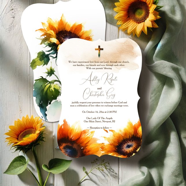 Invitación a la boda cristiana - girasoles (Christian wedding invitations watercolor sunflowers rustic shades of yellows and greens)